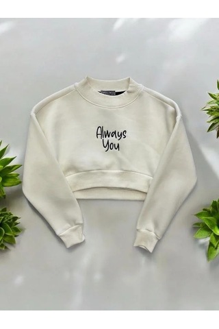 Kız Çocuk Üç İplik Şardonlu Always Yazılı Crop Sweatshirt-14377 KREM