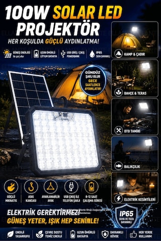 100w Solar Led Projektör Usb Powerbank Özellikli Şarjlı Kamp Lambası Ip65 Su Geçirmez Bahçe Ve Acil