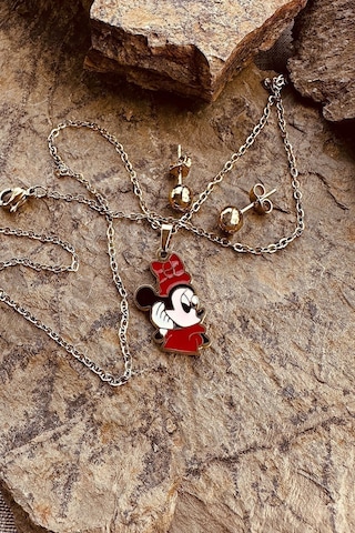 Mini Şık Kıyafetiyle Sizlerle Tatlı Mouse Paslanmaz Çelik Gold Renk Kolye Küpe Seti Altın
