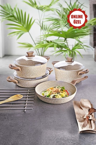 Diez 7 Parça Ezme Granit Tencere Seti- Cappuccino - 20/24 Derin / 26 Basık / 26 Tava