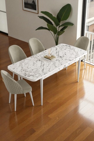 Mura Beyaz Mermer 80x132 Açılabilir Mdf Masa Yemek Odası Takımı, Mutfak Takımı 4 Adet Sandalye Krem