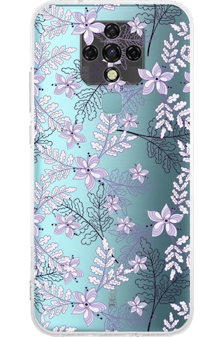 Tecno Camon 16 Uyumlu Kamera Korumalı Floral Lila Tasarımlı Şeffaf Silikon Kılıf