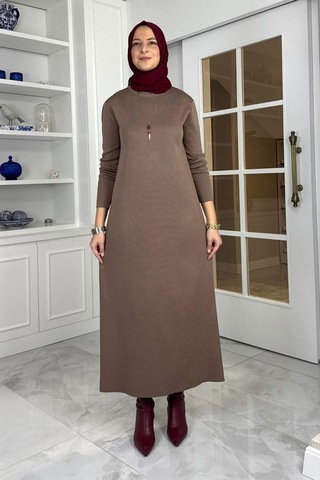 Rabia Şamlı Öykü Çelik Örme Triko Elbise Sütlü Kahve Normal