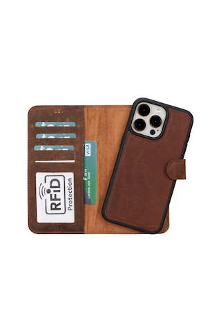 Bloomcase  İphone Uyumlu 16 Pro Max Mahogany Brown Hakiki Deri Cüzdanlı Telefon Kılıfı Kahverengi