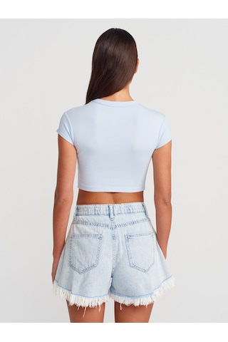 Dilvin 31810 Bisiklet Yaka Crop T-shirt-açık Mavi Açık Mavi