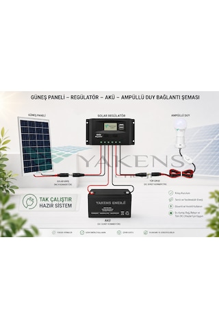 12w Hazır Solar Paketi Güneş Paneli Enerji Sistem 7ah Akü + 10a Şarj Kontrol Cihazı + 2 Led Ampul Hazır Solar Paket