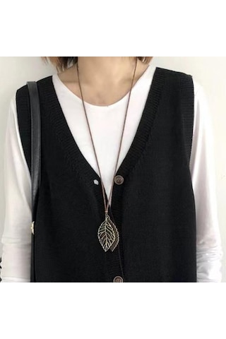 Yeşil Kadın Örgü Yelek V Yaka Kolsuz Tek Sıralı Sıcak Yelek Düz Renk Bol Kesim Yeşil