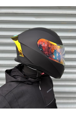 Rivox R1 Mat Siyah Revo Kapalı Kask Gold Vizörlü Mat Siyah