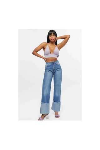 Kene Jeans Yüksek Bel Mavi İşlemli Ters Paça Püskül Detaylı Kot Jeans Mavi İşlemli