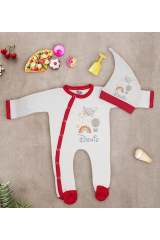 Bk Kids Kişiye Özel İsimli Kırmızı Tulum Zıbın Ve Kukuletalı Şapk Çok Renkli