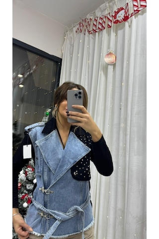 Daves Taş Detaylı Belden Bağlamalı Kolsuz Denim Kumaş Kot Yelek Siyah-mavi Kot Çok Renkli