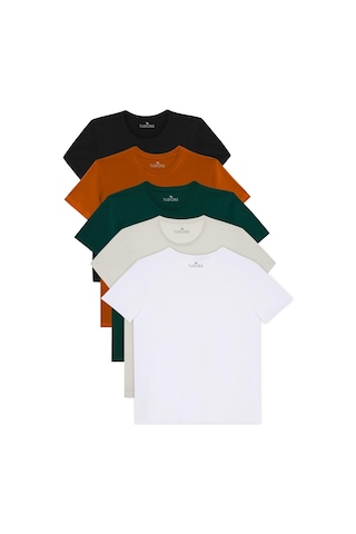 Tudors Unisex 5'li Paket Siyah-beyaz-taş-tarçın-z.yeşil Slim Fit Dar Kesim %100 Pamuk Bisiklet Yaka Tişört -36949 Multi