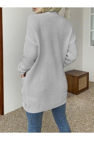 Aqe Fashion Örgü Şeritli Rahat Kalıp Esnek Cepli Kadın Gri Triko Hırka Gri