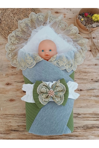 Yenidoğan Teri Cotton Taç Nakışlı Prizma Taş Kundak Bebek Battaniyesi Yeşil