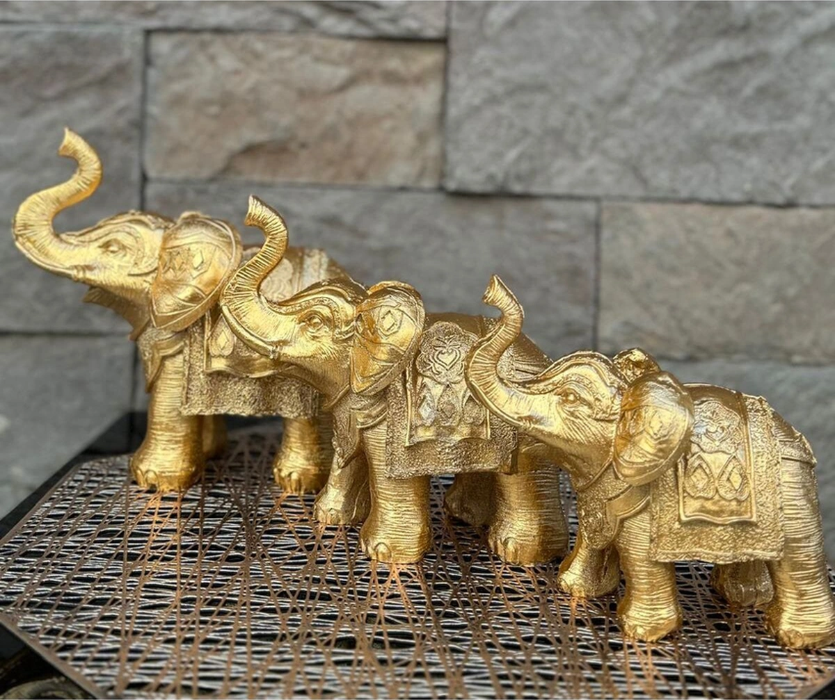 Dekoratif Polyester Üçlü Fil Biblo Gold