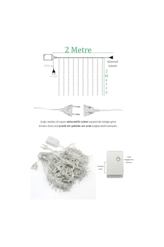 2x2 Metre 144 Ledli 10 Saçaklı Perde Led Işıklar Animasyonlu Kumandalı Fişli - Günışığı Gün Işığı