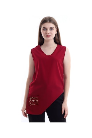 Self Clothing Kadın Bordo V Yaka Cep Ve Yırtmaç Detaylı Bluz Slf1246-Bordo