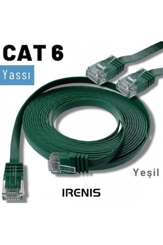Irenis CAT6 Kablo Yassı Ethernet Network Lan Ağ İnternet Kablosu 1 M Yeşil