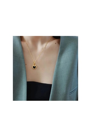 Lunarie Burgu Kenarlı Siyah Kalp Kolye 14k Gold Kararmaz Çelik