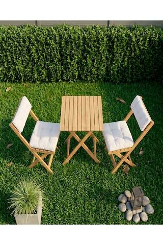 Duo Balkon Bahçe Mutfak Katlanır Masa Bej Rengi Minderli Sandalye Bistro Set Bej - Krem