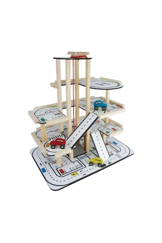 Ahşap Asansörlü Otopark - Üç Katlı Garaj Seti - Hotwheels Garaj Seti - Otopak Seti - Eğimli Garaj