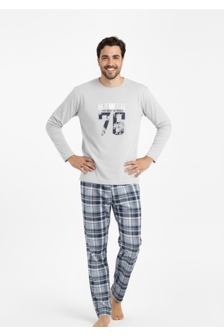 Free Beka Uzun Kollu Ekose Desenli Altı Kareli Erkek Pijama Takımı Pamuklu Ve Rahat Kumaş Gri