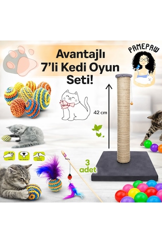 7'li Set: Kedi Tırmalama Tahtası , Sarma Top , Renkli Oyun Topu 3'lü , Tüylü Top Ve Kedi Oltası Seti