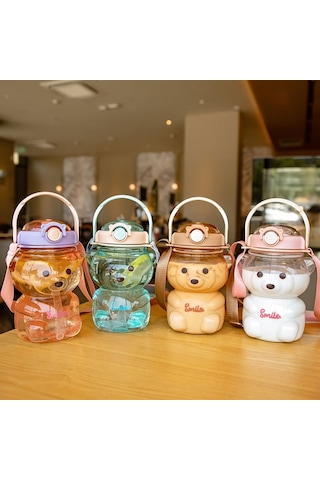 1000Ml Çocuk Taşınabilir Taşıma Su Şişesi Online Ünlü Büyük Kapasiteli Karikatür Oyuncak Ayı Plastik Su Bardağı Saman-1000Ml A Haki