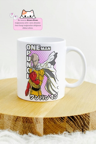 One Punch Man - Anime Tasarım Baskılı Porselen Kupa Bardak Beyaz