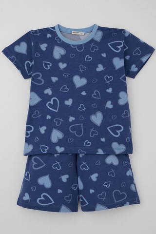 Breeze Kız Çocuk Şortlu Pijama Takımı Kalp Desenli 4-8 Yaş, İndigo