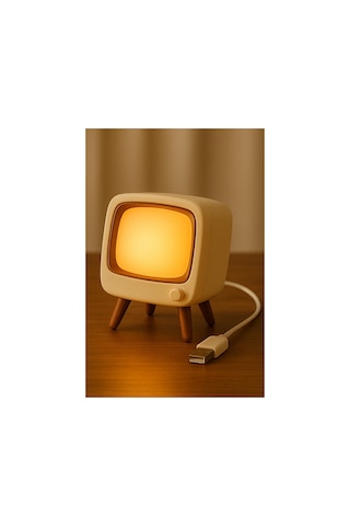 Retro Tv Tasarımlı Usb Gece Lambası Dekoratif Masa Ve Gece Işığı Bej