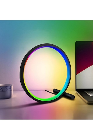 Akıllı Rgb Müzik Ritim Gece Lambası 25cm Led Halka Masa Lambası Bluetooth Kumandalı App Kontrollü Ortam Işığı Siyah
