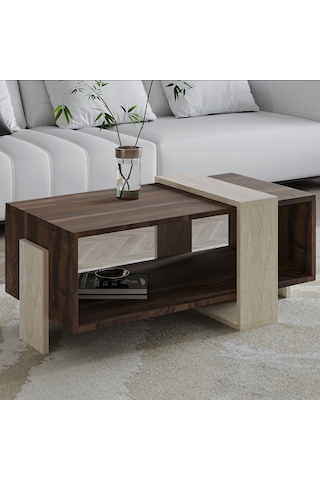 Meleni Orta Sehpa 90 Cm Modern Tasarım Raflı Traverten/ceviz