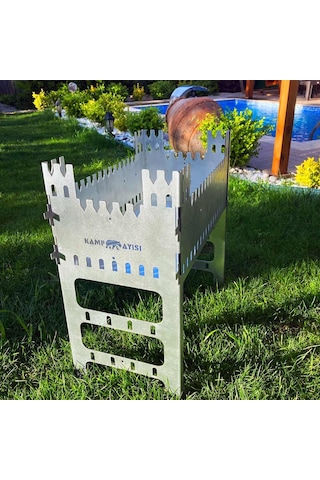 Kamp Ayısı Castlegrill 2mm Galvaniz Çelik, Katlanır, 13 Şiş Kapasiteli Şiş Mangalı Ve Ateş Çukuru Gri