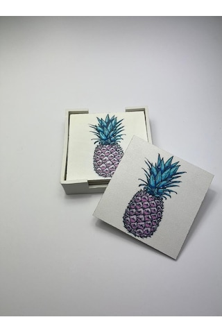 6 Lı Ahşap Bardak Altlığı Seti Kutulu - Ananas Desenli 1
