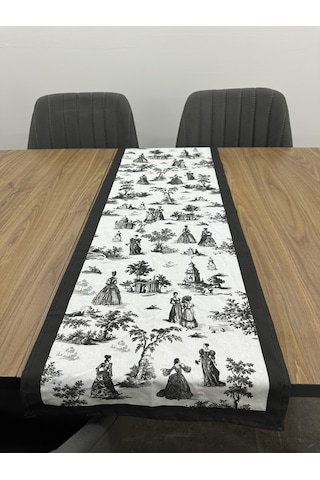 Toile De Jouy Paris Runner 40x110 Cm %100 Pamuk Dijital Baskılı Masa Örtüsü Klasik Fransız Tarzı Masa Dekoru - Zt700 Siyah