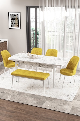 Canisa Concept Zen Serisi 80x132 Mdf Açılabilir Beyaz Mermer Desen Masa Takımı 4 Hardal Sandalye Ve 1 Bench Masa Beyaz Mermer Sandalye Ve Bench Hardal
