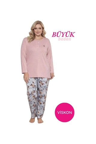 Kadın Çiçek Desen 3 Düğme Likralı Viskon Mevsimlik Büyük Beden Uzun Kol Pijama Takımı Pembe