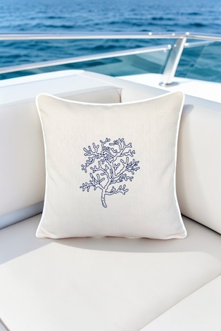 Kırlent Kılıfı 45x45 3'lü Set Marin Nakışlı Yosun Desen Su İtici Outdoor Keten Tekne Bahçe Krem