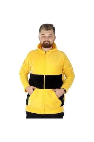 Mode Xl Büyük Beden Erkek Kapşonlu Fermuarlı Polar Hırka 22554 Hardal 001