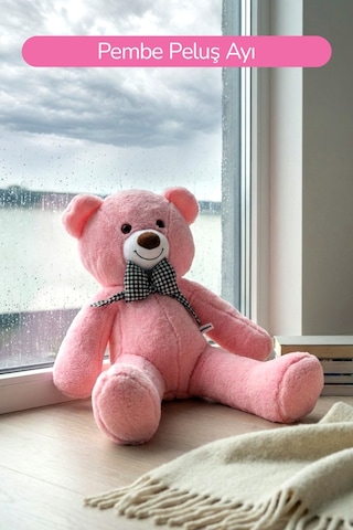 80 Cm Büyük Boy Yumuşak Papyonlu Oyuncak Ayıcık Pembe