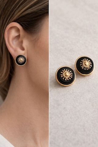 Kadın Küpe Vintage Düğme Model Gold Sun Küpe Siyah