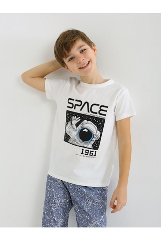 Vitmo Erkek Çocuk Kısa Kollu %100 Pamuklu Pijama Takımı Go Space Ekru