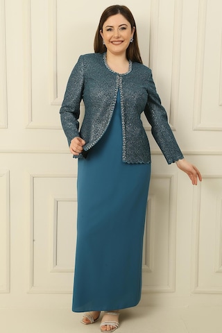 Yaka Taşlı Astarlı Uzun Krep Elbise Pullu Ceket Büyük Beden 2'li Takım-34876 Petrol Mavisi