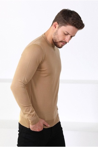 Ferraro Camel Bisiklet Yaka Superfine Erkek Triko Kazak Camel