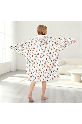 Noel Temalı 6-13 Yaş Çocuk Giyilebilir Battaniye Hoodie, Kalın Peluş, Büyük Boy Krem - Pembe