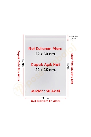 22x30+5 Cm. 22x35 50 Adet Şeffaf Bantlı Yapışkanlı Jelatin Poşet