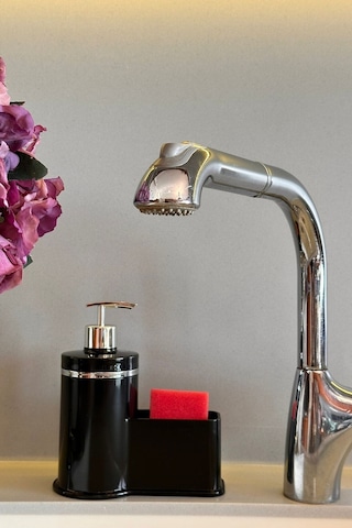 Makri Home Mutfak Veya Banyo İçin Şık Gümüş Detaylı Süngerlikli Sıvı Sabunluk , Yerli Üretim Siyah