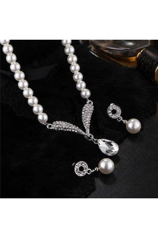 Taşlı İnci Takı Seti Kolye, Bileklik, Küpe 18 Gp Sevgililer Günü