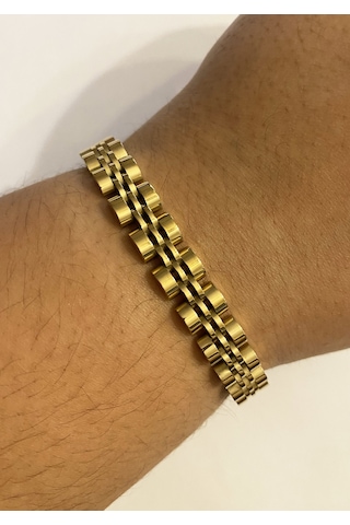 Erkek 8 Mm Kalınlığında Hasır Model Çelik Bileklik Gold